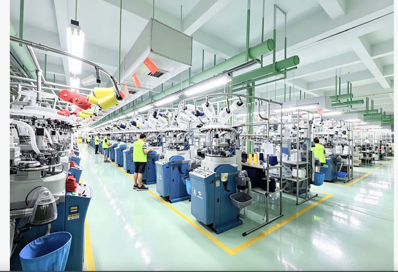 Workers in high-visibility vests operate textile machines on a factory production line.