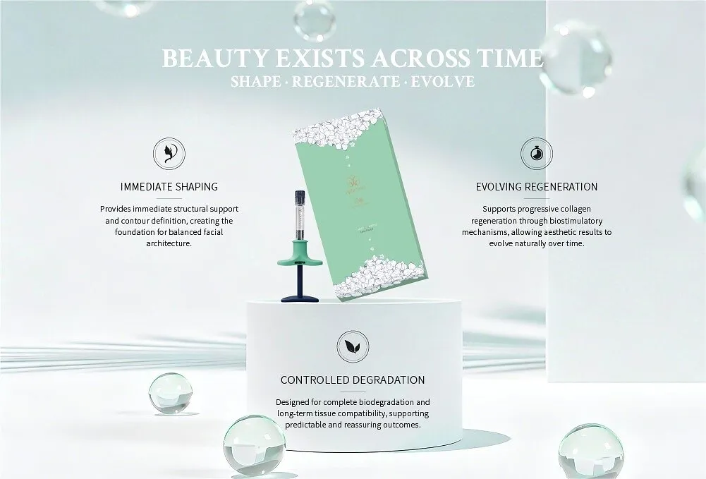 Syringe and green product box on a white pedestal with text about shaping, regeneration and degradation
