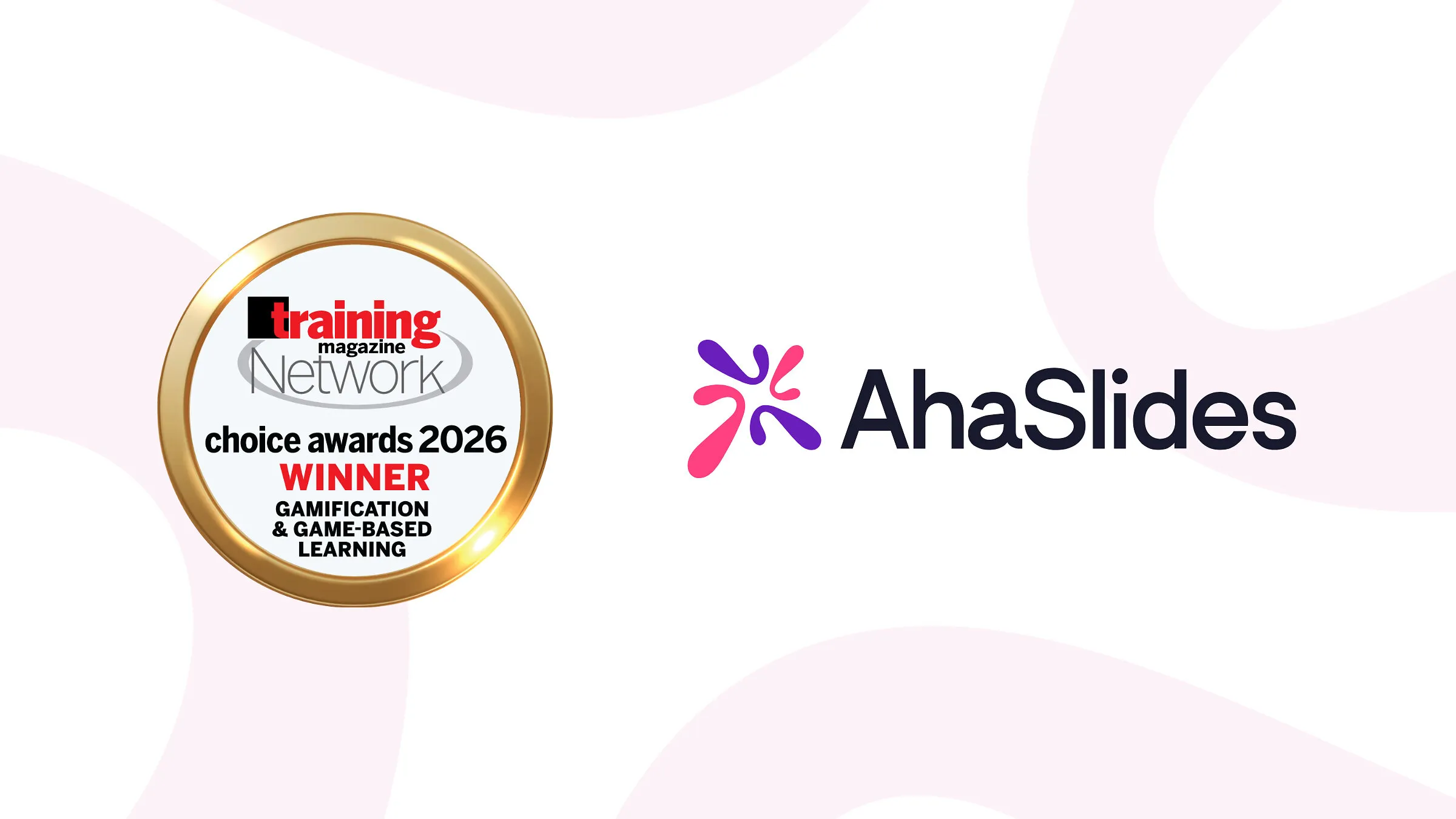 AhaSlides logo beside a Training magazine Network Choice Awards 2026 winner badge for gamification and game-based learning