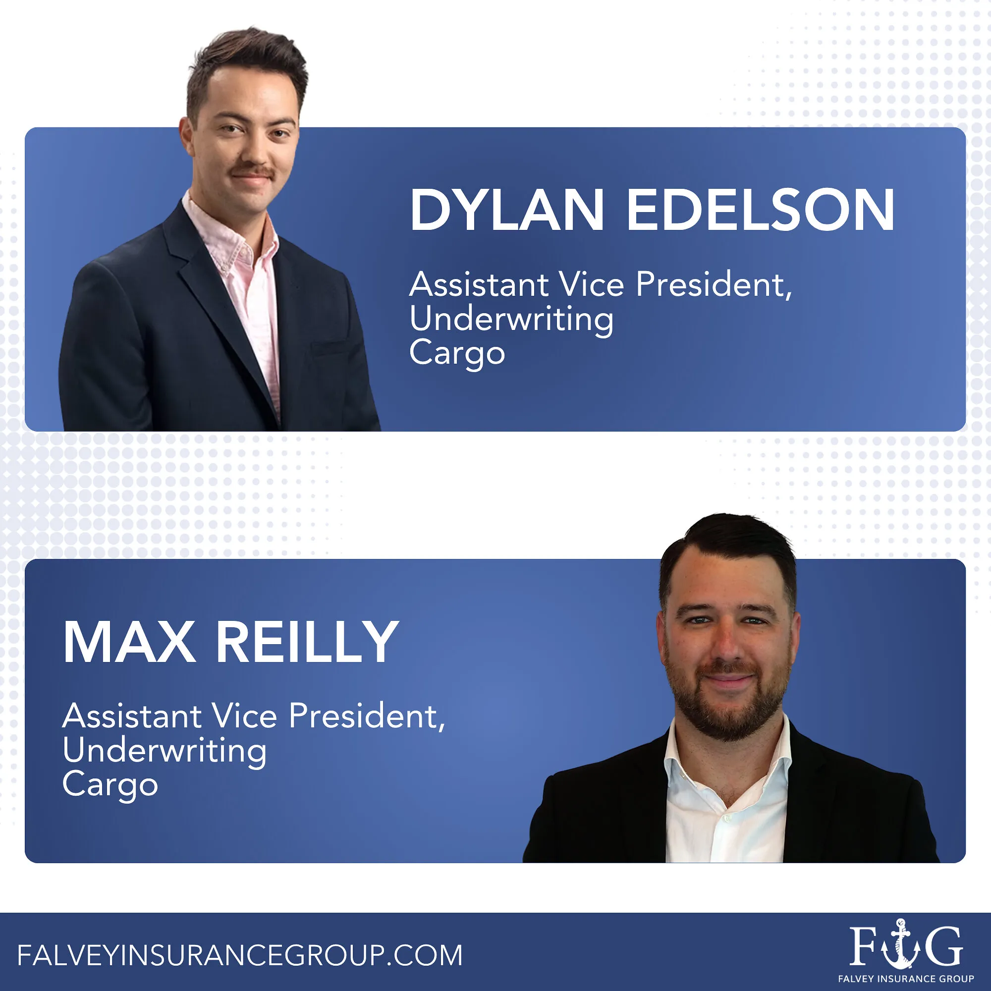 Two employee profile cards with portraits and titles for cargo underwriting assistant vice presidents.