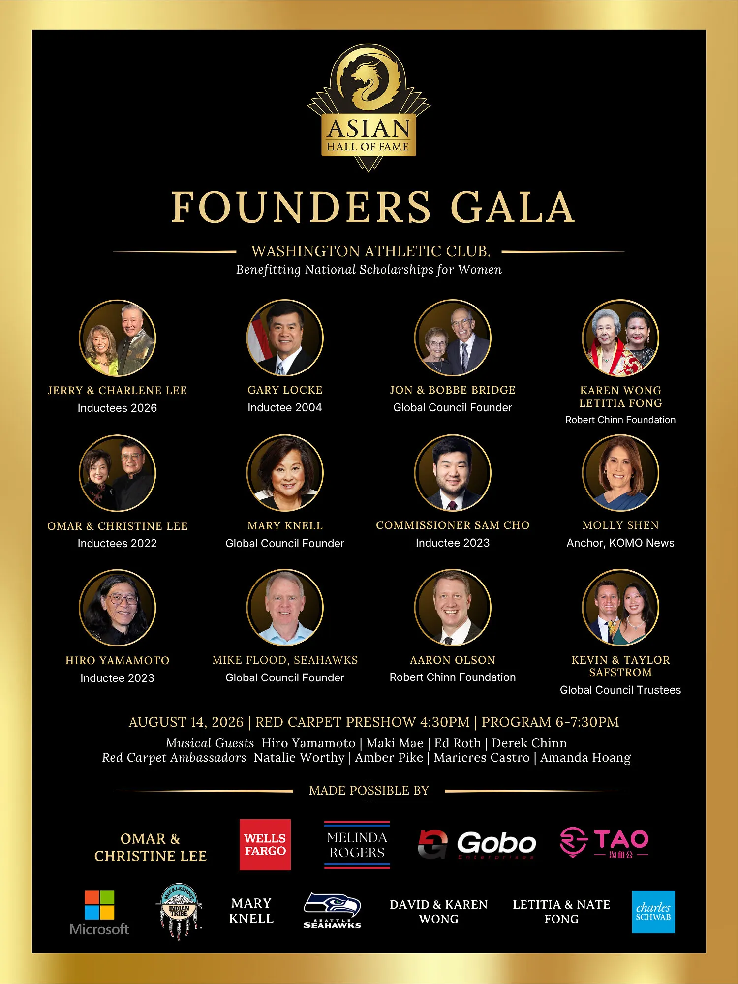 Asian Hall of Fame Founders Gala 2026 poster with honorees, event details and sponsor logos.