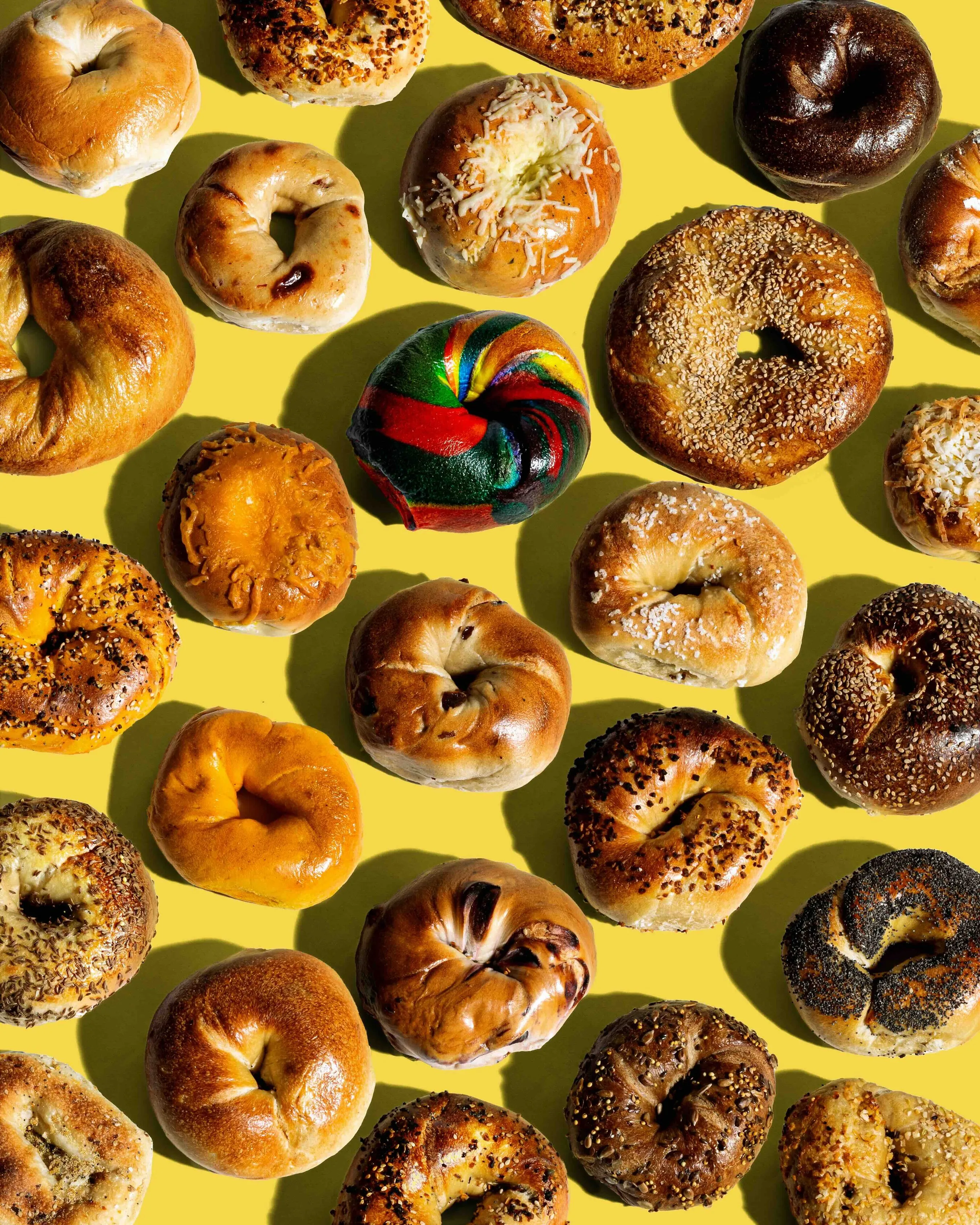 Assorted bagels with varied toppings arranged on a bright yellow background.