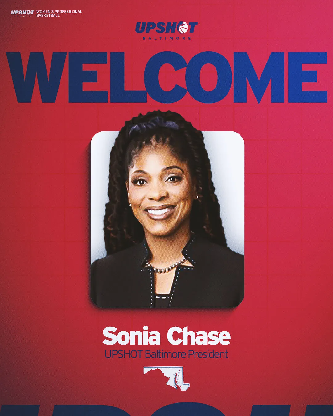 A woman’s portrait beneath “WELCOME” on a red basketball graphic.
