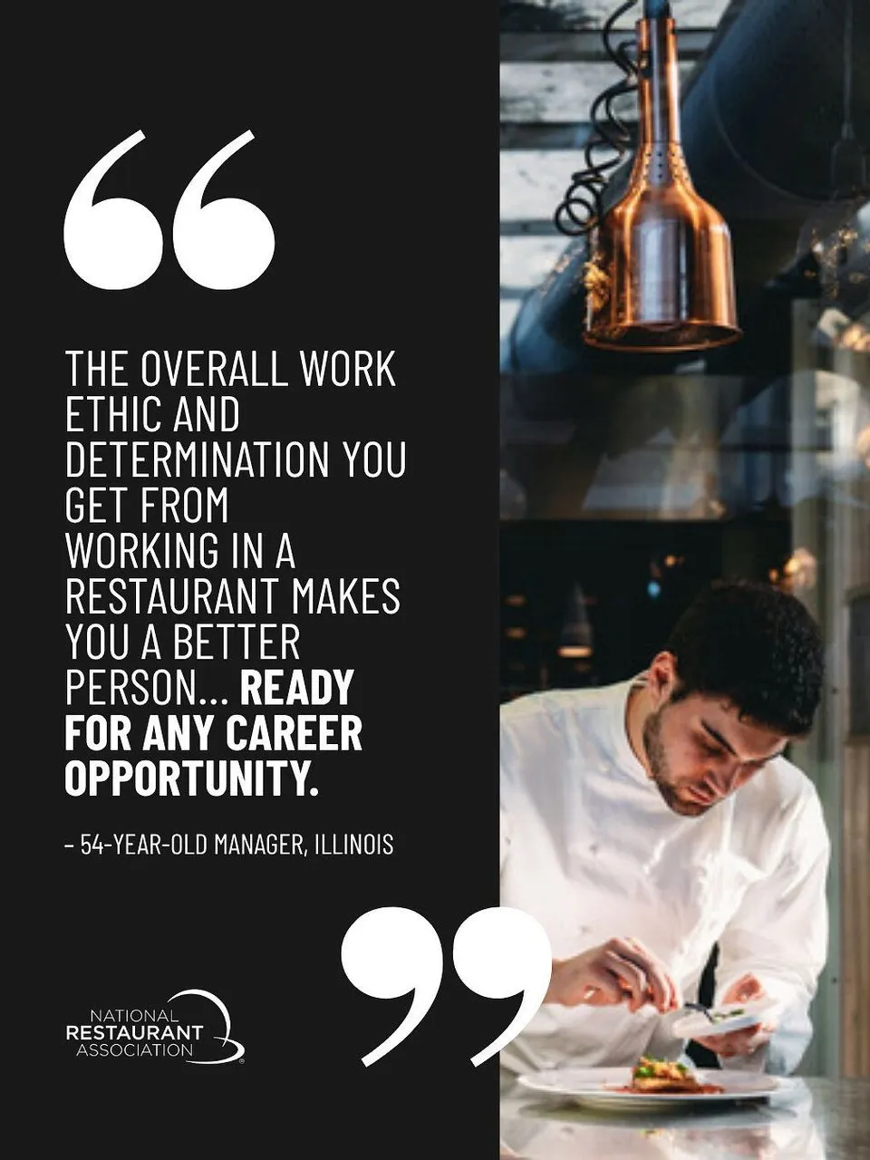 Chef plating a dish beside a quote about restaurant work ethic and career opportunities.