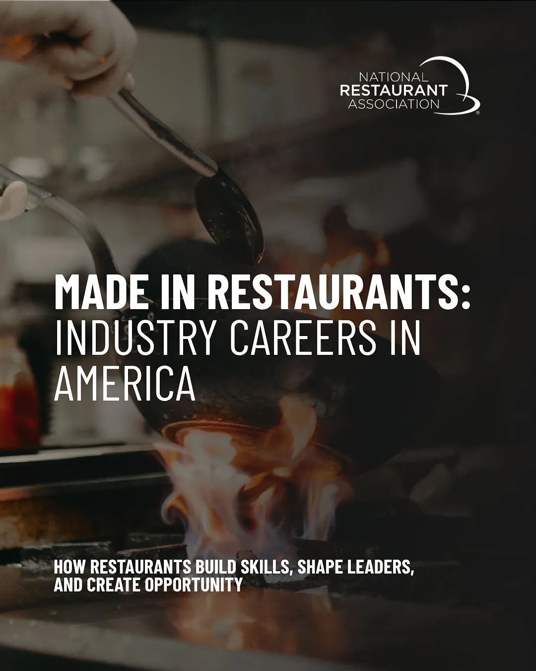 A cook holds a ladle over a pan on a flaming stove beside restaurant careers report text.
