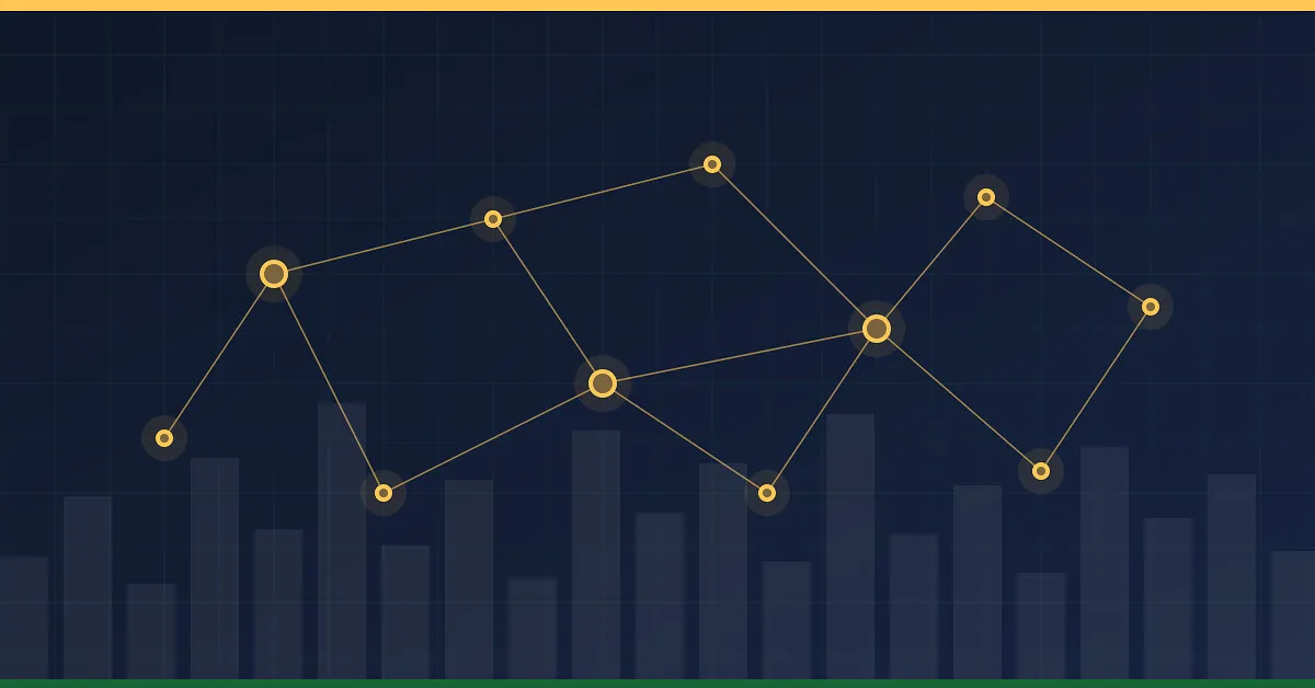 Yellow line graph and grey bar chart on a dark blue grid background.