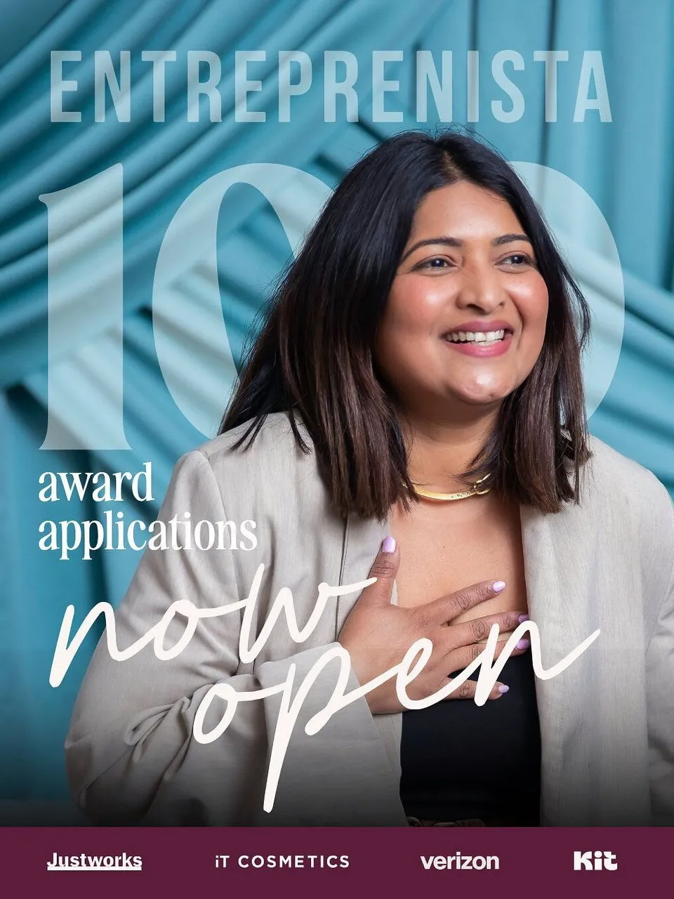 Smiling woman in a beige blazer before text promoting Entreprenista 100 award applications.