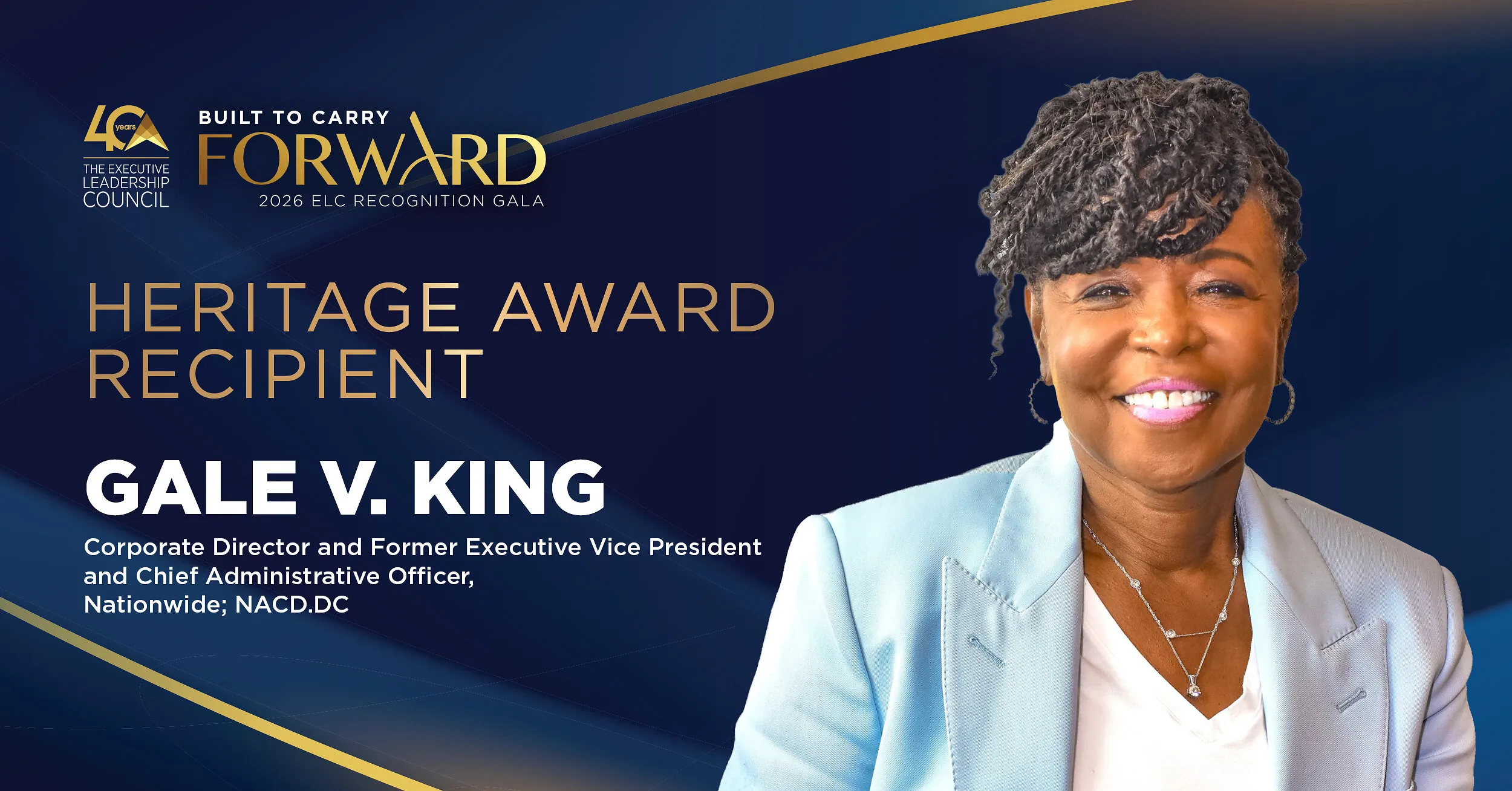 A smiling woman in a pale blue blazer beside Heritage Award Recipient announcement text.