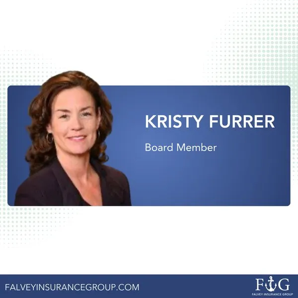 Kristy Furrer in a blue Falvey Insurance Group board member graphic.