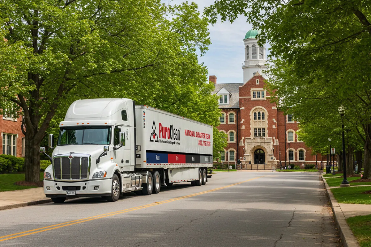 A PuroClean National Disaster Team truck on a tree-lined street in front of a brick building.