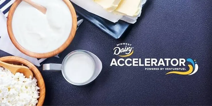 Bowls of yogurt and cottage cheese, a cup of milk and butter beside Midwest Dairy Accelerator logo.
