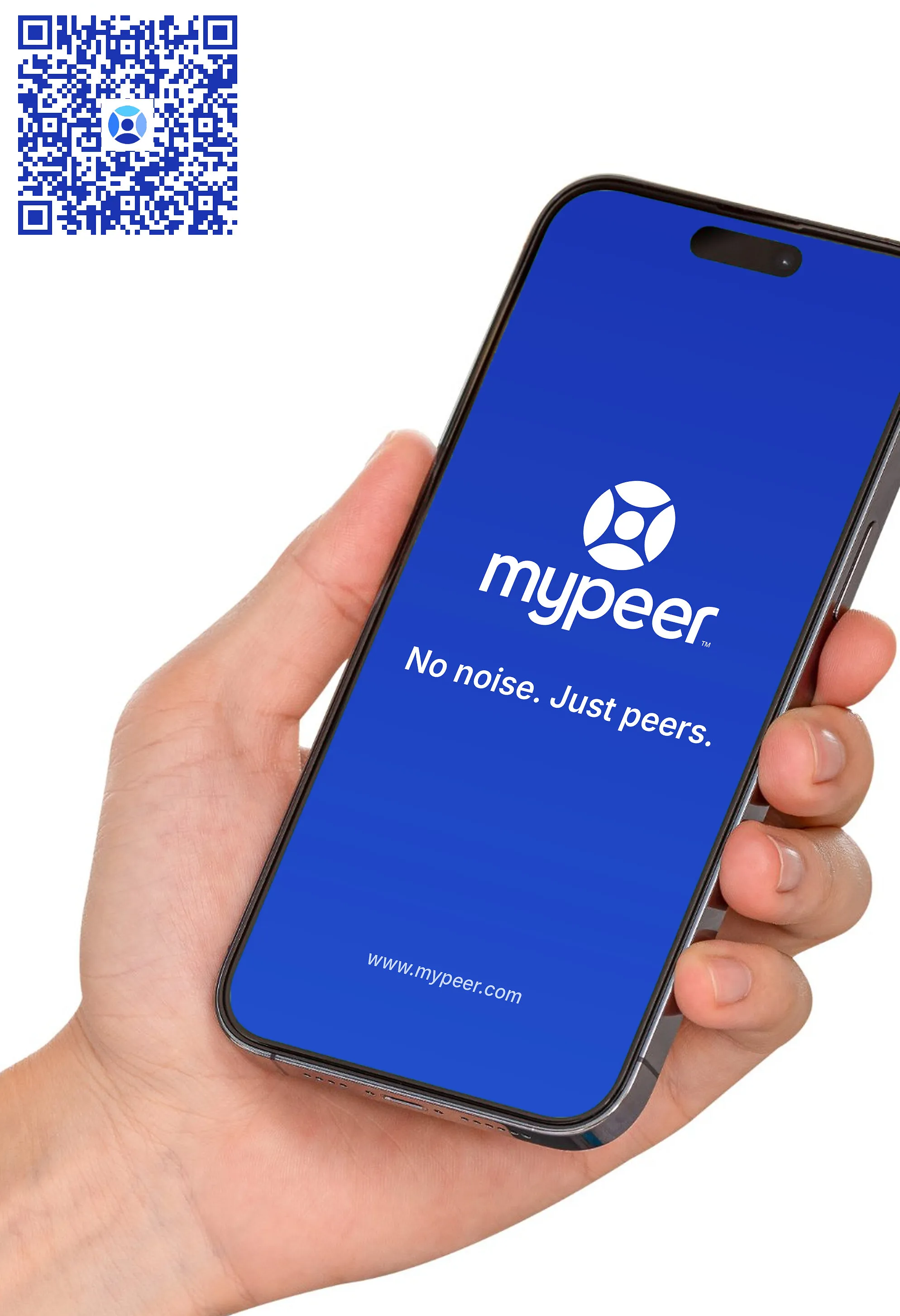 A hand holds a phone displaying the MyPeer logo and QR code.