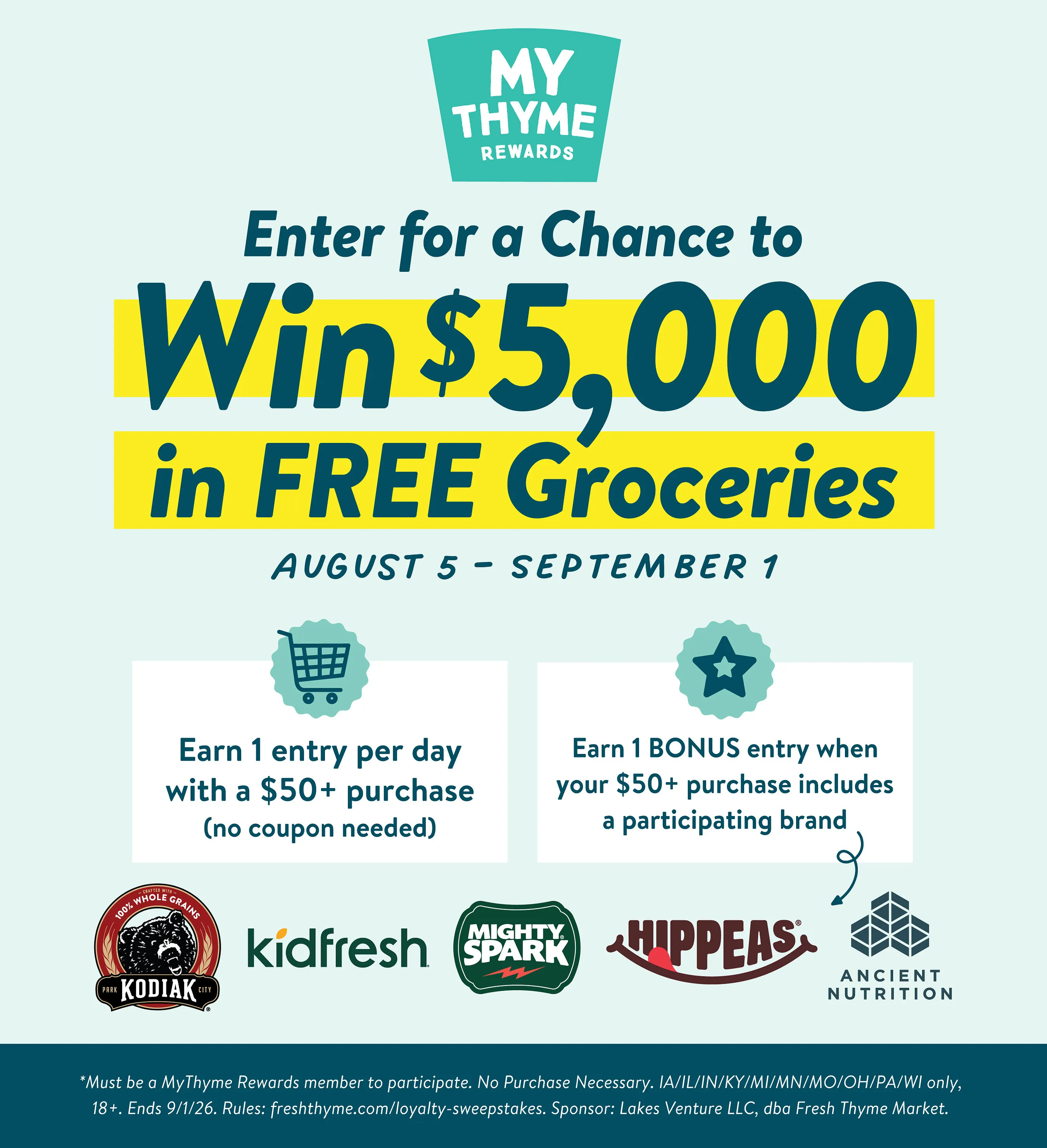 MyThyme Rewards sweepstakes ad offering a chance to win $5,000 in free groceries.