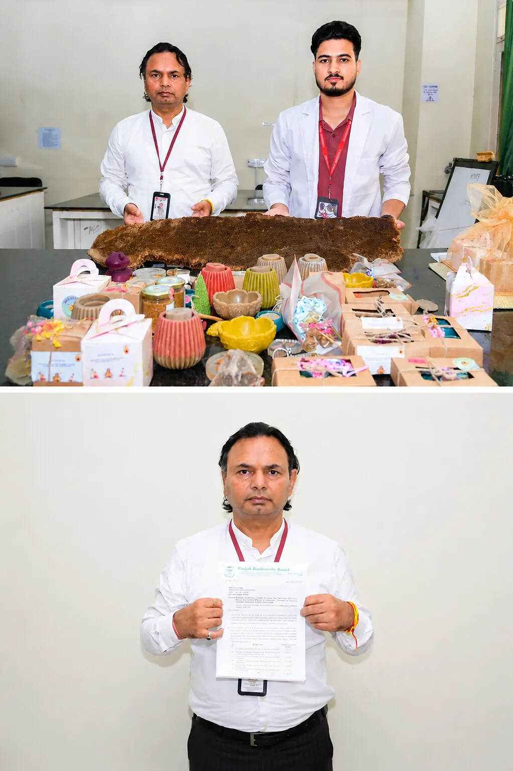 Two photos: two men in white stand behind a large honeycomb and handmade wax products; below, one of them holds a Punjab Biodiversity Board letter.