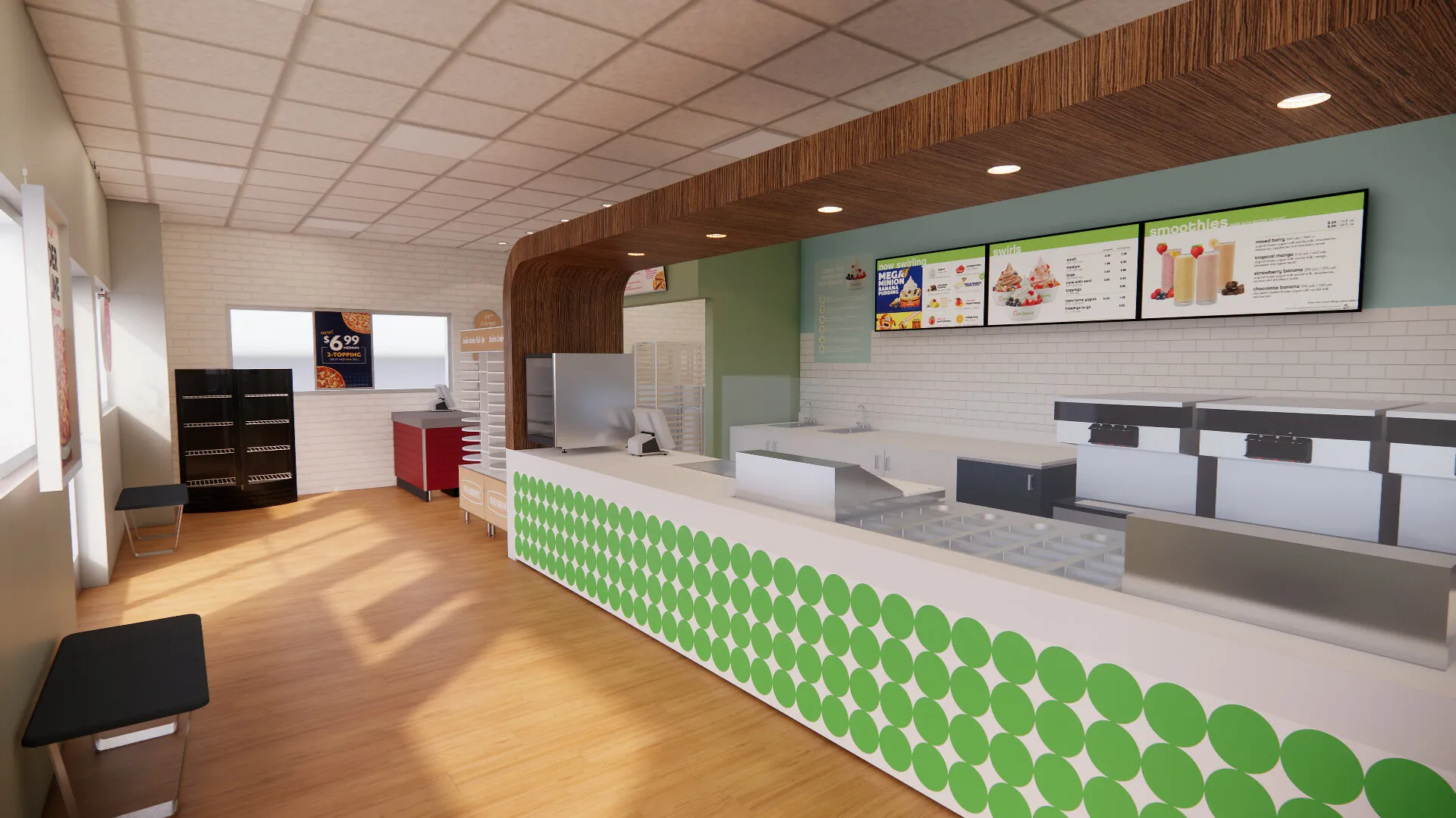 Papa Murphy’s lobby with service counter, menu boards, seating and wood flooring.