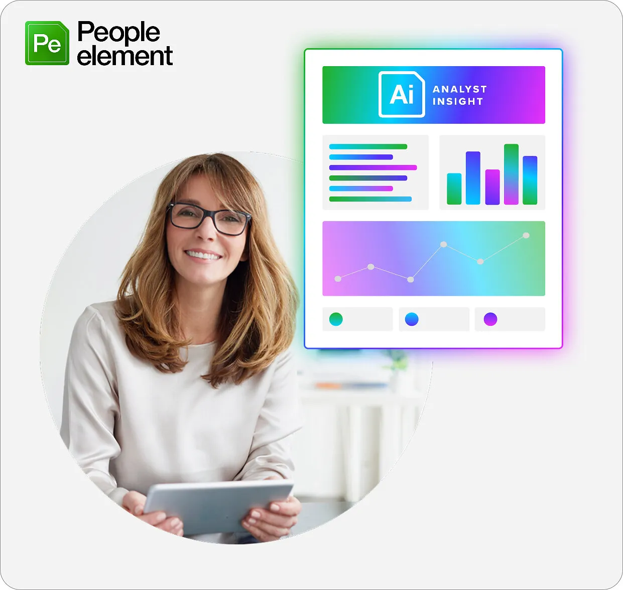 A woman wearing glasses beside a colourful data dashboard