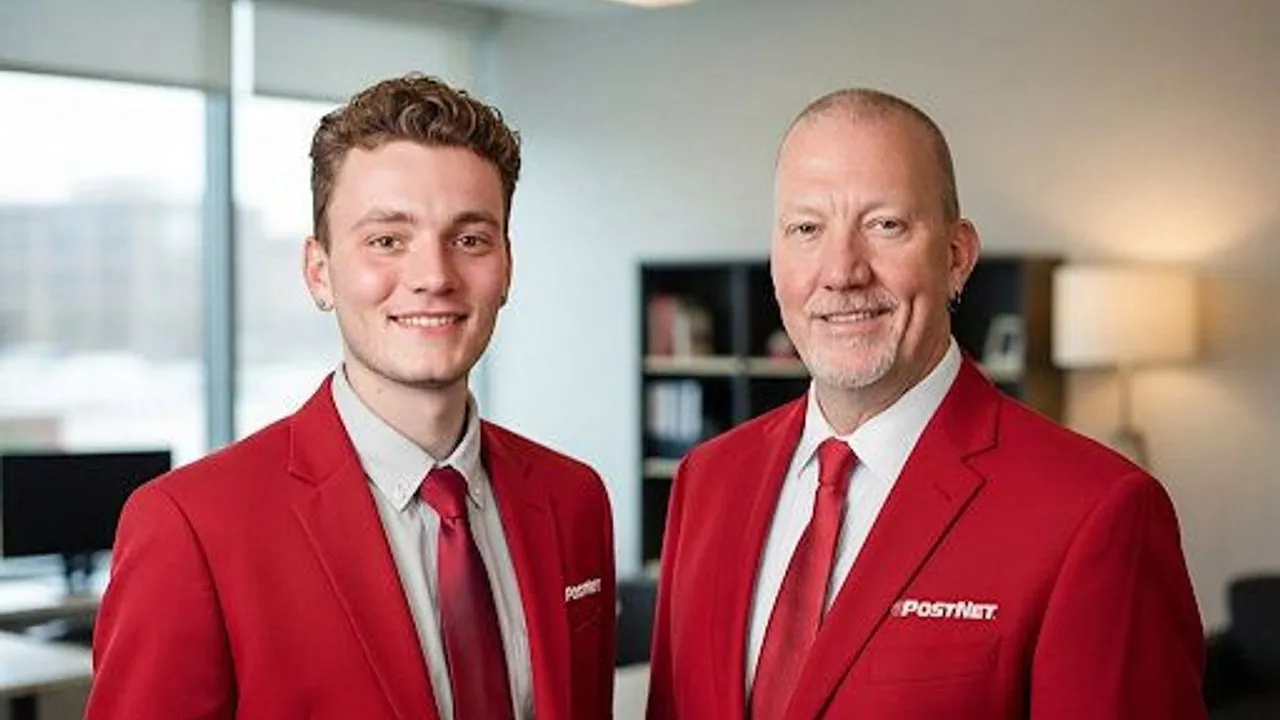 Two men in red PostNet blazers standing in an office.
