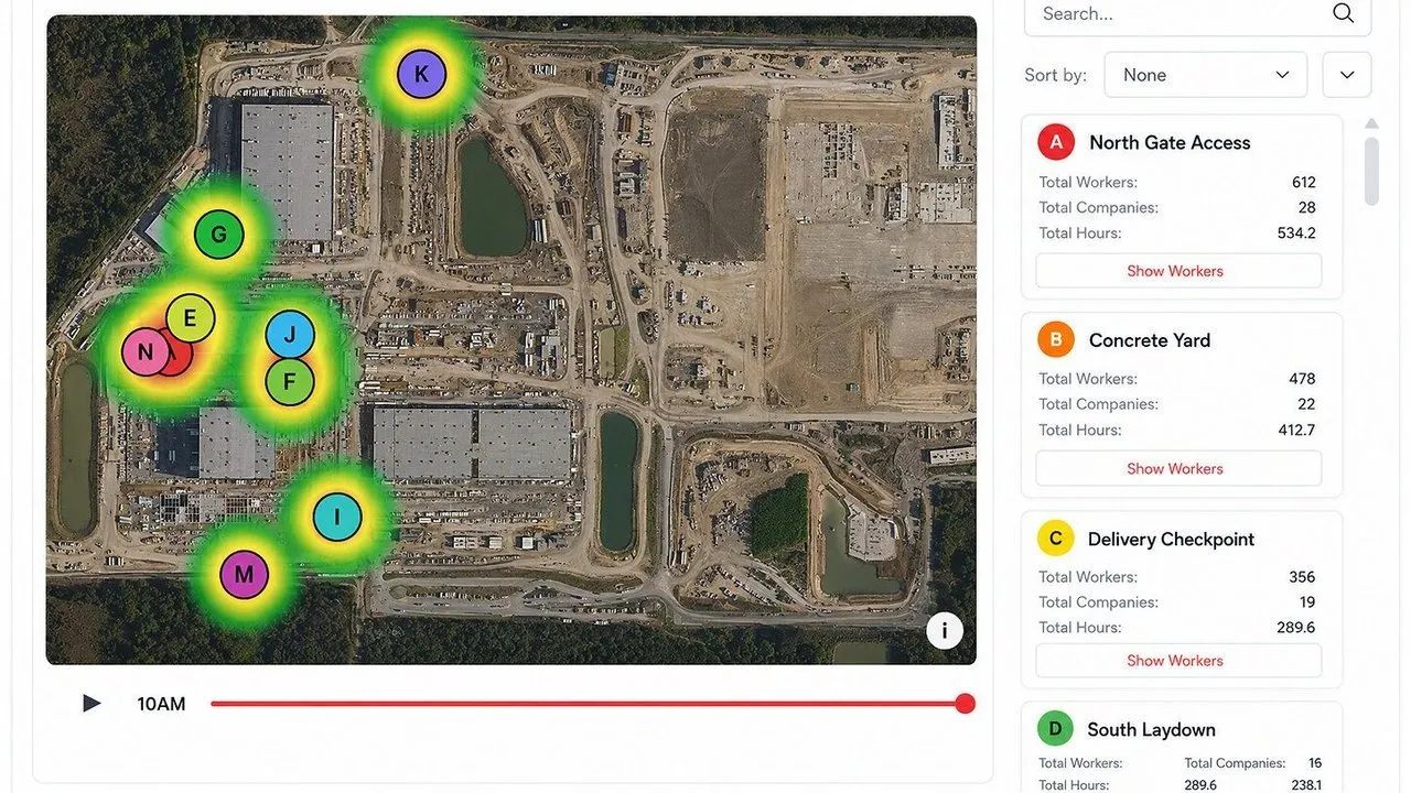 Sitemetric Intelligence UI showing worker heat map over a construction site and location summary panel