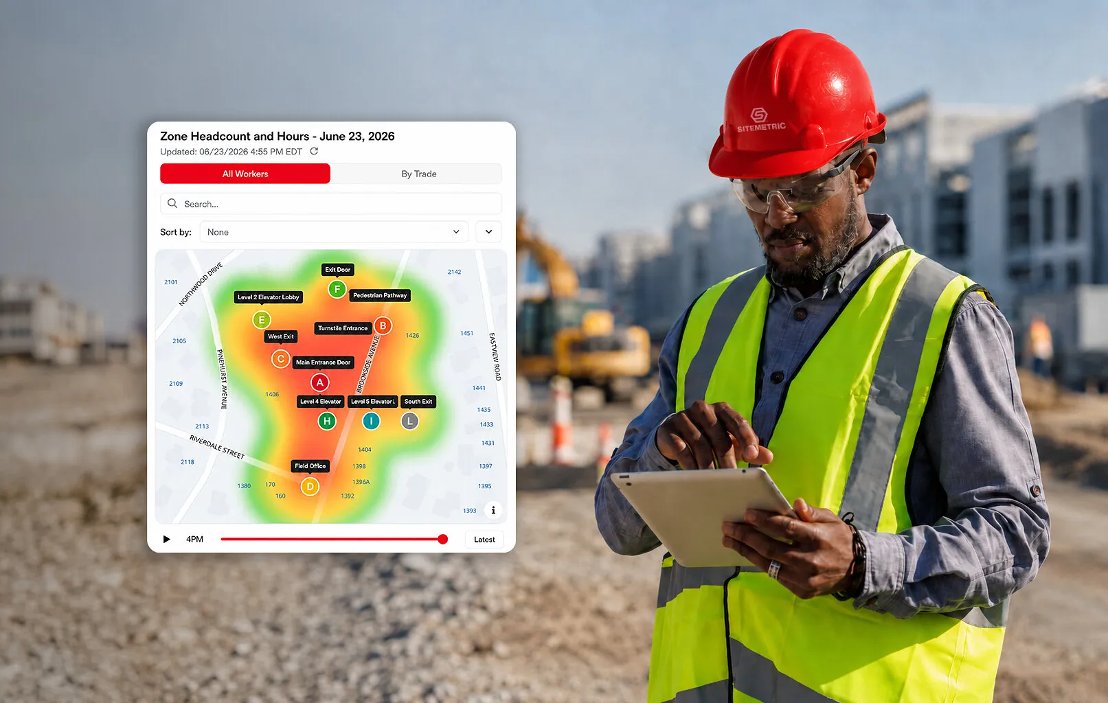 Construction worker in a hard hat using a tablet beside a workforce heat map screen.