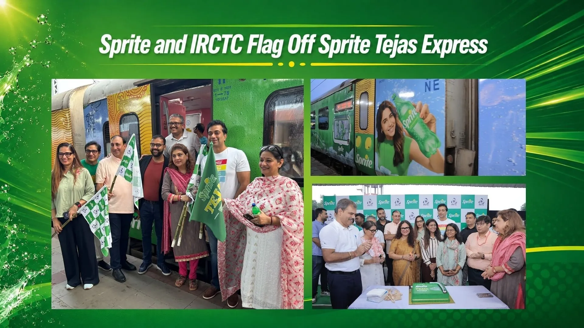 People flag off a Sprite-branded Tejas Express train beside promotional displays.