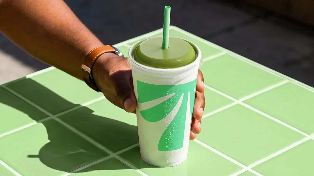 A hand holds a Tropical Smoothie Cafe cup with a green lid and straw over a green tiled table.